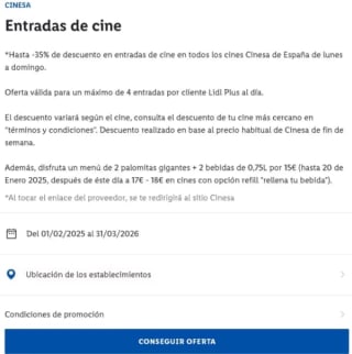 Hasta 35% Descuento entradas de cine en Cinesa Beneficios Lidl Plus