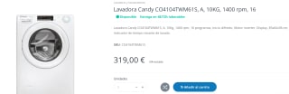 Lavadora de 10 Kg CANDY CO4104TWM6/1-S por 319€
