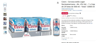Coors Cerveza estilo Lager Norteamericana - Alc. 4% Vol. - 1 x Caja de 24 latas de 500 ml por 21,16€