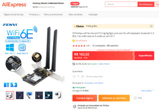 Adaptador WiFi da Fenvi, modelo 6E 5374Mbps - R$ 102,02
