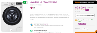 Lavadora Libre Instalación - LG F4WV7010S2W, 10,5 Kg y 1400 RPM, Vapor, Wifi por 678€