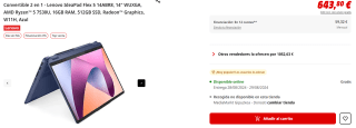 Convertible 2 en 1 - Lenovo IdeaPad Flex 5 14ABR8, 14" WUXGA, AMD Ryzen™ 5 7530U, 16GB RAM, 512GB SSD, Radeon™ Graphics, W11H por 643.8€
