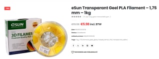 eSun Transparant Geel PLA Filament – 1,75 mm – 1kg voor €5,98 bij 3dwensshop