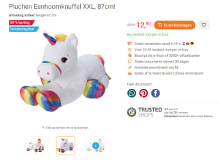 Pluchen Eenhoornknuffel XXL, 87cm voor €12,50 bij Lobbes