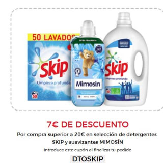 7€ dto Por compra superior a 20€ en selección de detergentes SKIP y suavizantes Mimosín