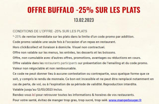 25% de réduction sur les plats de l'addition
