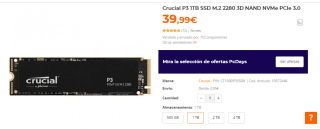 SSD Crucial P3 1TB M.2 2280 3D NAND NVMe PCIe 3.0 por 39.99€