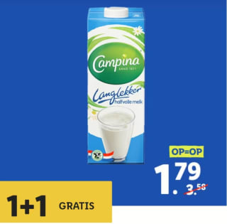Campina Langlekker melk 1+1 gratis met de Lidl app