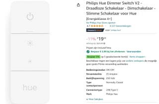 Philips Hue Dimmer Switch Draadloze schakelaar voor €15,51 bij Amazon