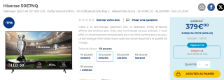 TV 50" Hisense 50E7NQ - QLED 4K à 379€