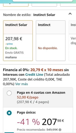 Garmin Instinct Solar, Reloj inteligente con GPS por 207,98€.