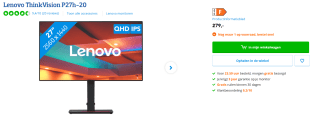 Lenovo Thinkvision P27H-20 - QHD USB-C IPS Monitor - 27 inch voor €279 bij Coolblue