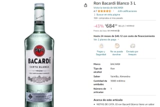 Ron Bacardi Blanco 3L por $684 en Amazon