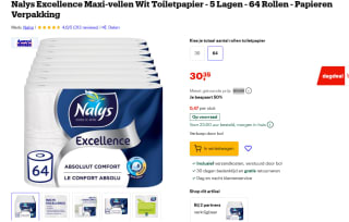 Nalys Excellence 5 Lagen Toiletpapier, Pak van 64 Rollen voor €30,35 bij Bol
