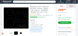 Table de cuisson induction Sauter - 3 zones - 7200W à 299,99€