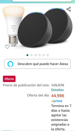 Echo Pop Antracita, 2pack + Philips Hue White Bombilla Inteligente (E27) por 44,98€.