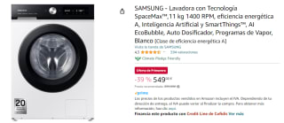 Lavadora SAMSUNG con Tecnología SpaceMax™,11 kg 1400 RPM, eficiencia energética A, Inteligencia Artificial y SmartThings™, AI EcoBubble, Auto Dosificador, Programas de Vapor por 549€