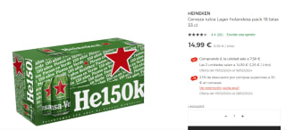 Pack x72 latas de Heineken Cerveza rubia Lager holandesa 33cl por 24.28€