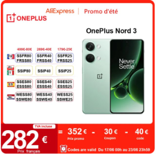 Smartphone 6.74" OnePlus Nord 3 AMOLED de 16/256Go à 352,62€
