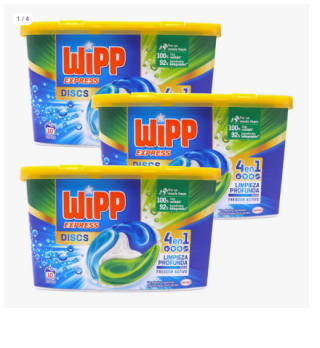 Wipp Express Discs Pack de 3 cajas de Detergente en Cápsulas 4 en 1 limpieza profunda 10 Dosis (30 dosis en total) por 10.13€ (Cuenta Nueva 6.08€)