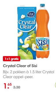 1+1 gratis op Crystal Clear of Sisi bij Dekamarkt