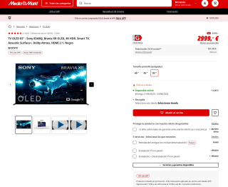 TV OLED 83" Sony 83A90J EX Panel + Disipador Google TV por 2,549,15€