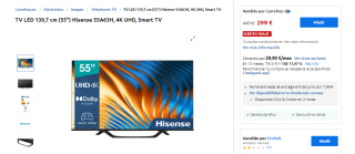 Televisión LED 55 pulgadas Hisense 55A63H, 4K UHD por 299€