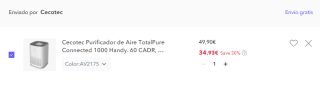 Purificador Cecotec Aire TotalPure Connected 1000 Handy por 34,93€