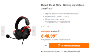 HyperX Cloud Alpha - Gaming-koptelefoon, zwart/rood voor €48,99 bij Nbb