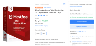 Mcafee Antivirus Total Protection 10 Dispositivos 1 Año En Caja por $75 en Mercado Libre
