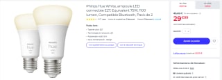 Philips Hue White, ampoule LED connectée E27, Pack de 2 à 29,99€