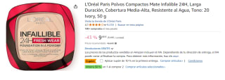 2 Unidades de L'Oréal Paris Polvos Compactos Mate Infalible 24H, Larga Duración, Cobertura Media-Alta, Resistente al Agua, Tono: 20 Ivory, 50 g por 12.97€