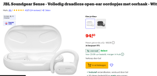 JBL Soundgear Sense - Volledig draadloze open-ear oordopjes voor €94,40 bij Bol