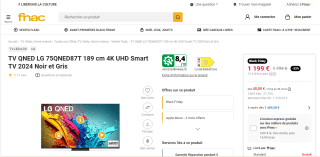 TV QNED LG 75QNED87T 189 cm 4K UHD Smart TV 2024 Noir et Gris à 1.199€