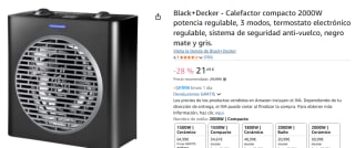 Black+Decker - Calefactor compacto 2000W potencia regulable, 3 modos por 21,49€