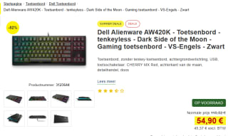 DELL Alienware Tenkeyless Gaming Keyboard AW420K voor €54,90 bij Proshop