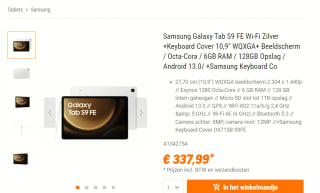 Samsung Galaxy Tab S9 FE WiFi, 6GB ram, 128GB opslag Zilver voor €337,99 bij Nbb