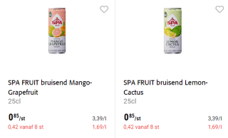 Spa Fruit Mango-Grapefruit of Lemon-Cactus voor €0,42 vanaf 8 blikjes bij Colruyt