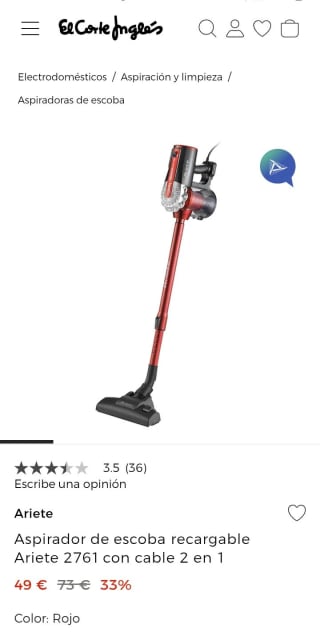Ariete Aspirador Escoba por 49€.