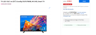Televisor LED de 55" Grundig 55GFU7800B, 4K UHD, Smart TV por 319€