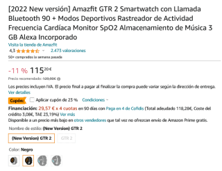 Reloj Amazfit GTR 2 2022 por solo 88,55€
