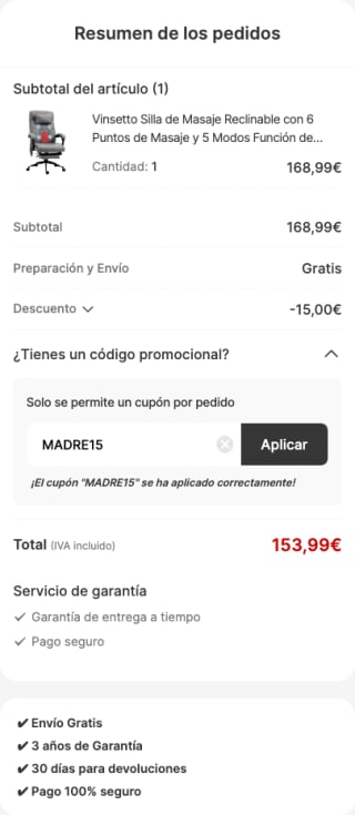 Vinsetto Silla de Masaje Reclinable con 6 Puntos de Masaje y 5 Modos Función de Calefacción 66x76x112-120 cm Gris por solo 153,99€