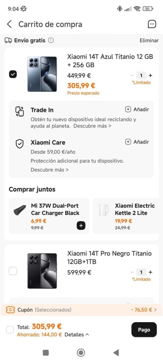 Xiaomi 14T de 12GB/256GB por 305,99€