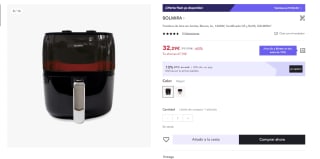 Freidora de Aire , 6L, 1400W, Certificado CE y RoHS, marca Solimra por 22,60€