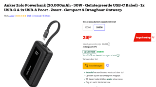 Anker Zolo powerbank, 20.000 mAh 30W high-speed draagbare oplader met ingebouwde USB-C kabel voor €25,59 bij Bol