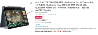 Acer Spin 7 SP714-61NA-S79F - Ordenador Portátil Convertible 14" FullHD (Qualcomm Kryo 495, 8GB RAM, 512GB SSD, Qualcomm Adreno 685, Windows 11 Home)por 699€