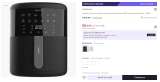 Cecotec Freidora sin Aceite 6 L de Aire Caliente Cecofry Bombastik 6000. 1700 W, Tecnología PerfectCook, Regulación de Temperatura y Tiempo, Control Táctil, 12 Modos, Temporizador por 56.77€ (Cuenta Nueva 44.77€)