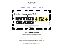 Envío gratis para registrados desde Ale-hope por compras de +15€