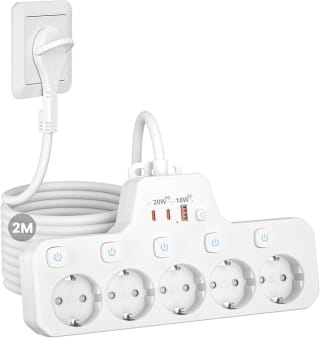 Regleta Enchufe con 5 tomas con 3 USB de 2 metros y tomas con protección por 16,19€