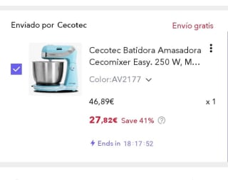 Cecotec Batidora Amasadora Cecomixer Easy. 250 W por 27,82€.